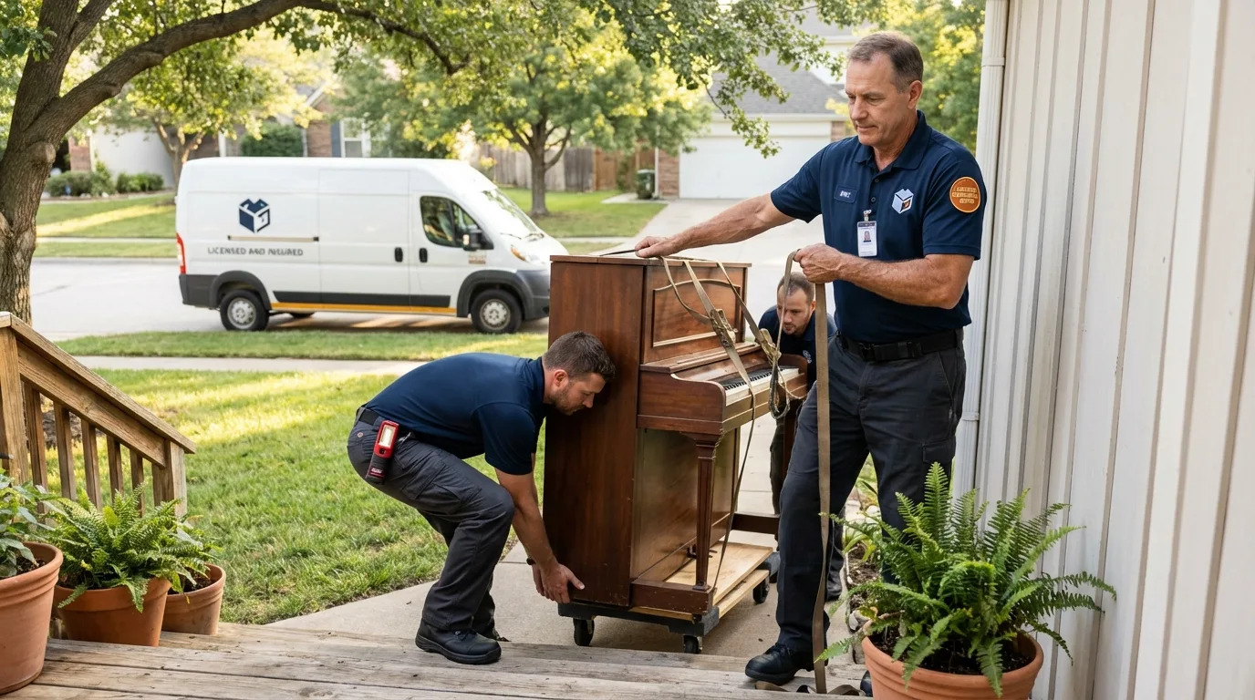 Licensed piano movers securing grand piano in Riverdale, NJ
