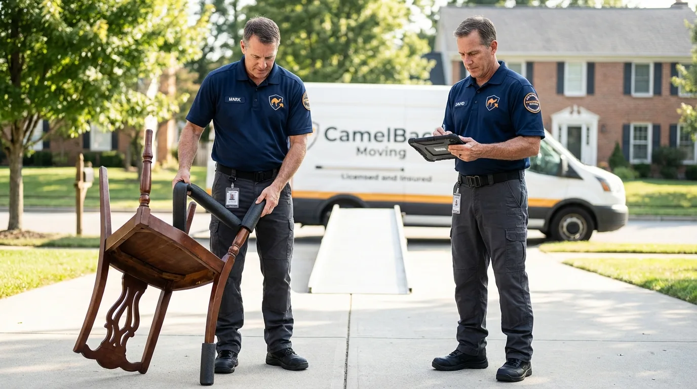 Movers inspecting furniture for damage prevention before loading in Riverdale, NJ