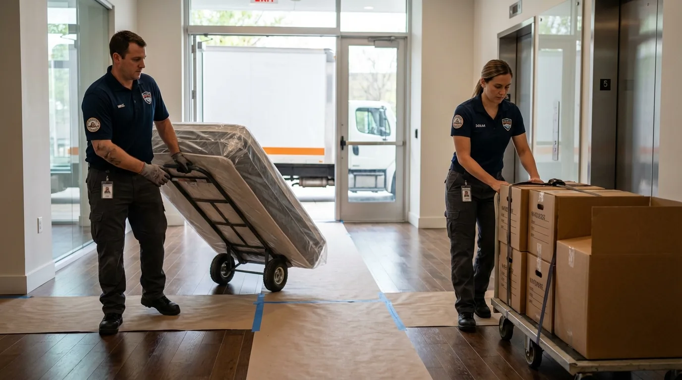 Professional apartment movers loading elevator in Riverdale, NJ